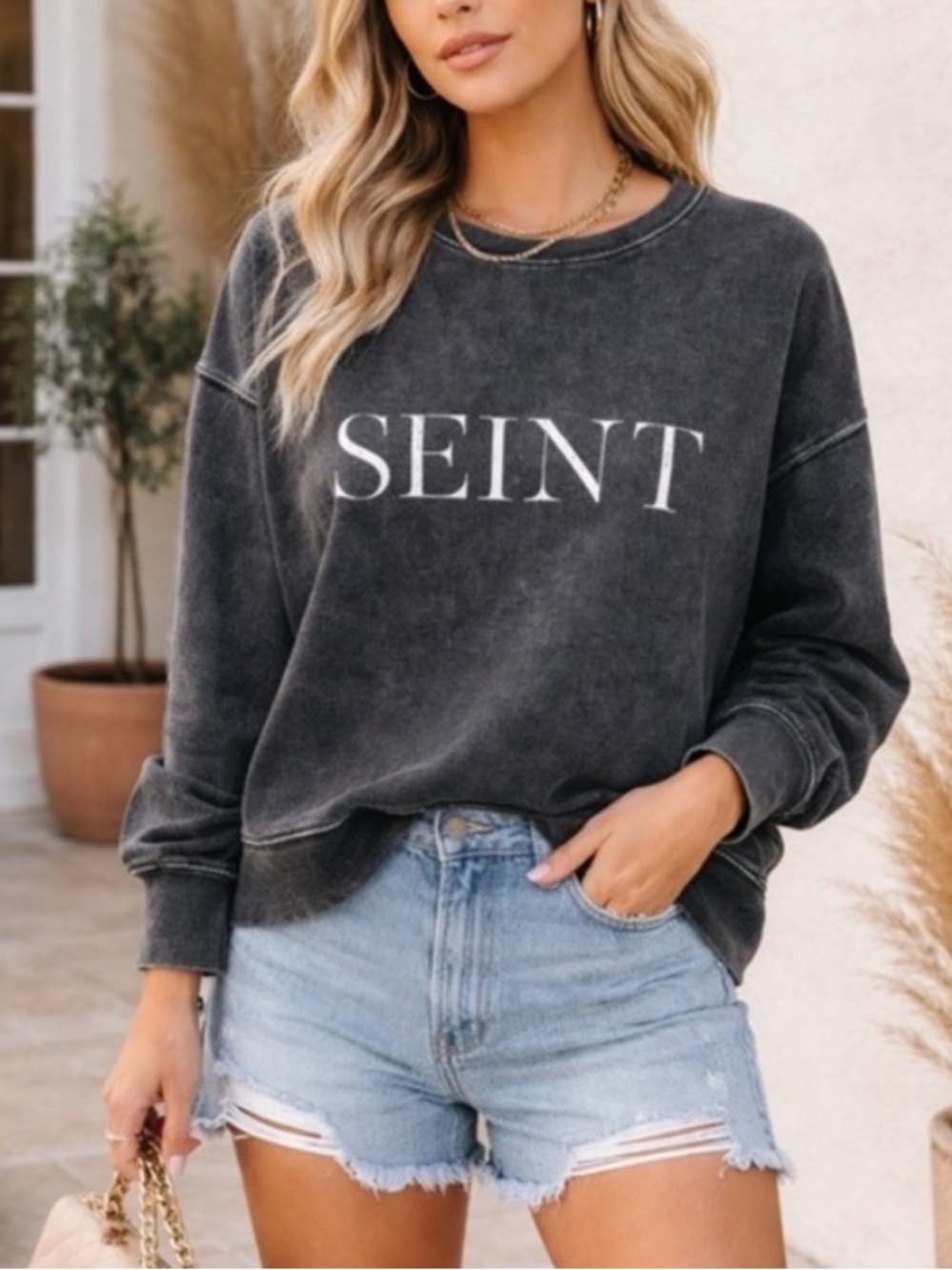 NWT Seint Black Acid wash Oversize Sweater Women's XL COTTON comfy Classic